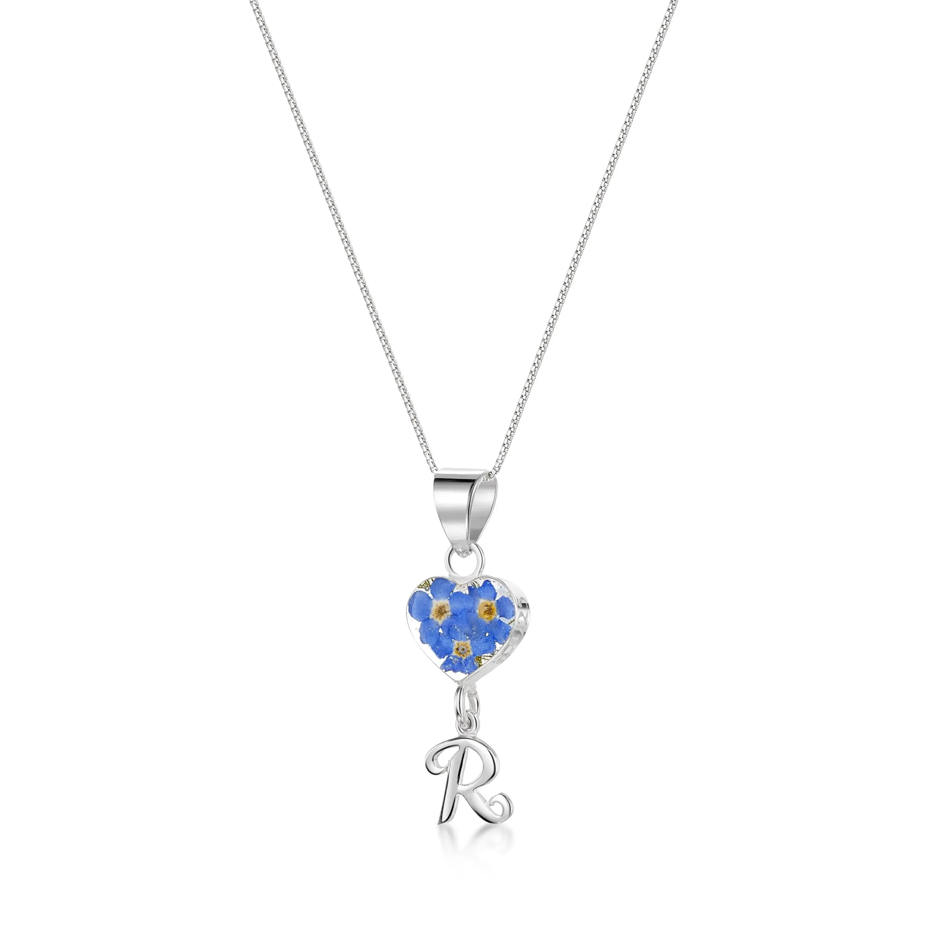 Handmade Sterling Silver Forget-Me-Not Pendant Necklaces with Initial Charm & forget me nots