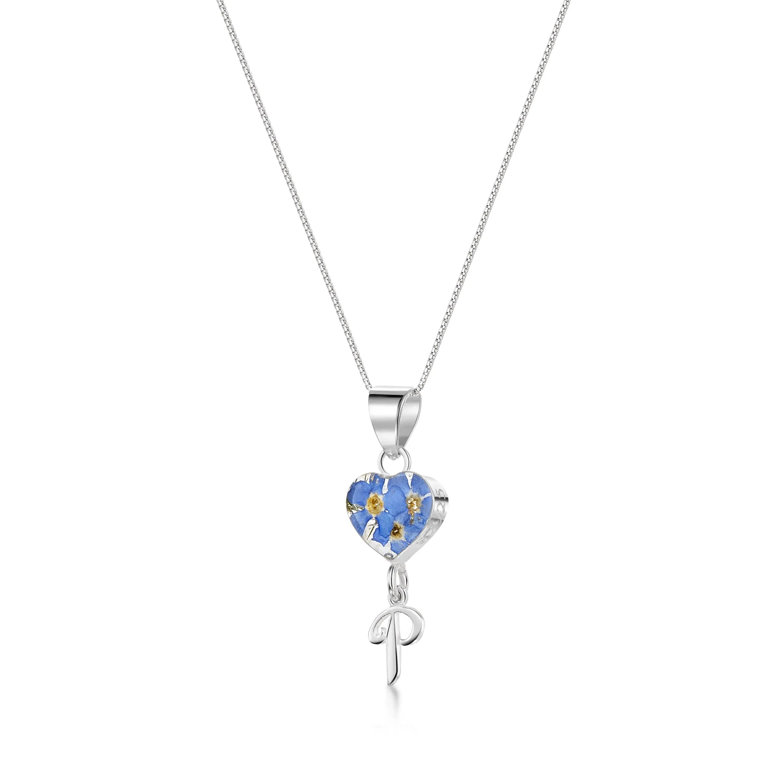 Handmade Sterling Silver Forget-Me-Not Pendant Necklaces with Initial Charm & forget me nots