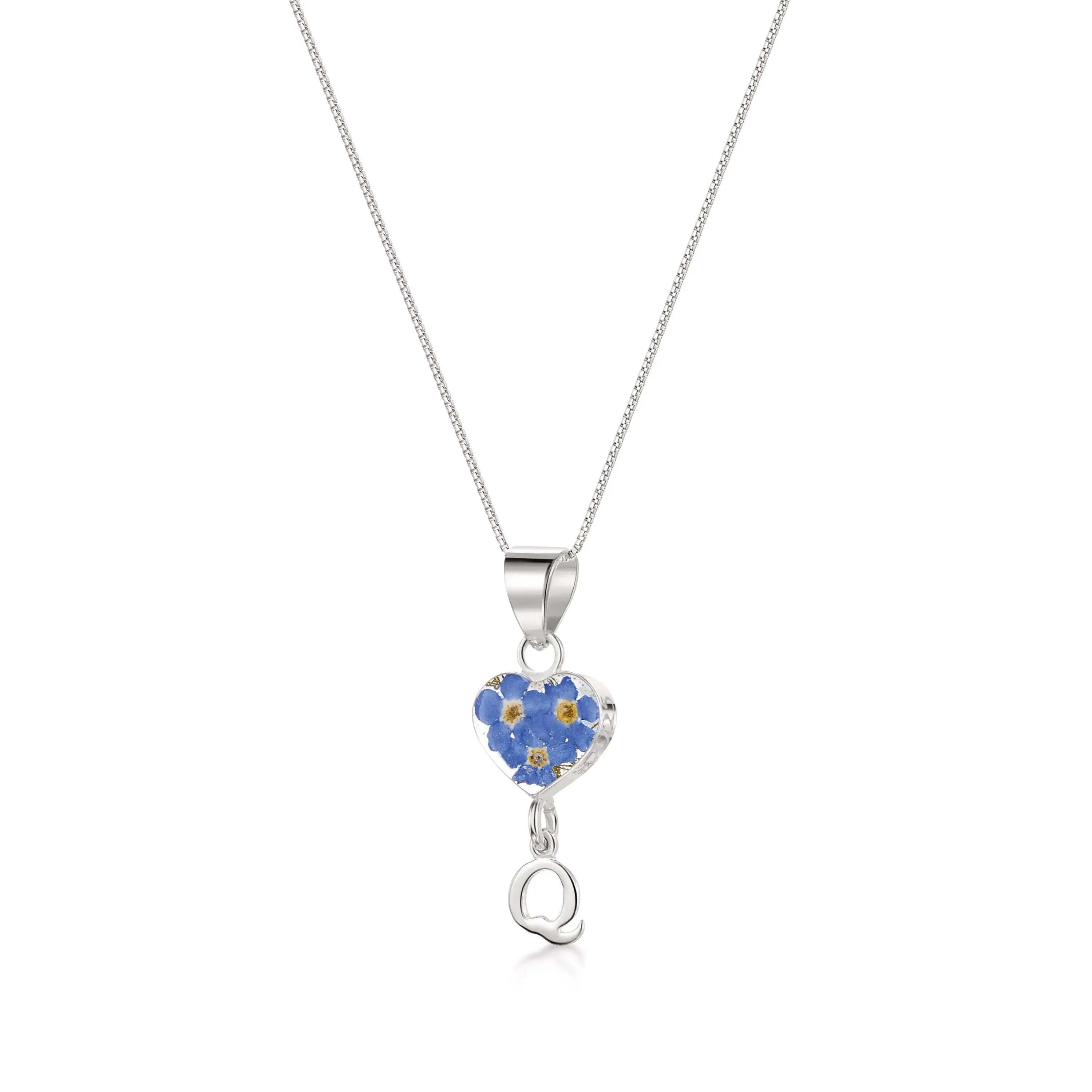 Handmade Sterling Silver Forget-Me-Not Pendant Necklaces with Initial Charm & forget me nots