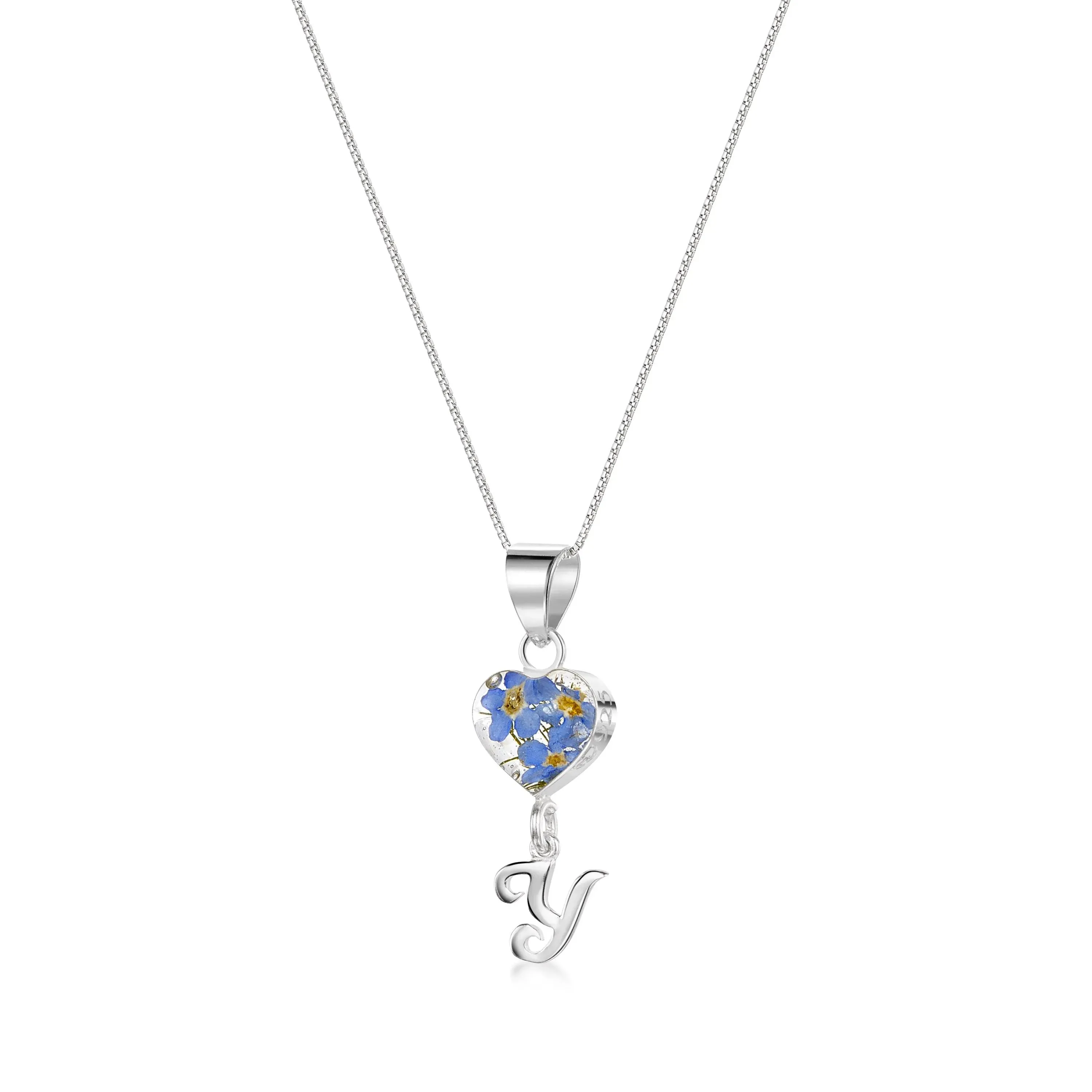 Handmade Sterling Silver Forget-Me-Not Pendant Necklaces with Initial Charm & forget me nots