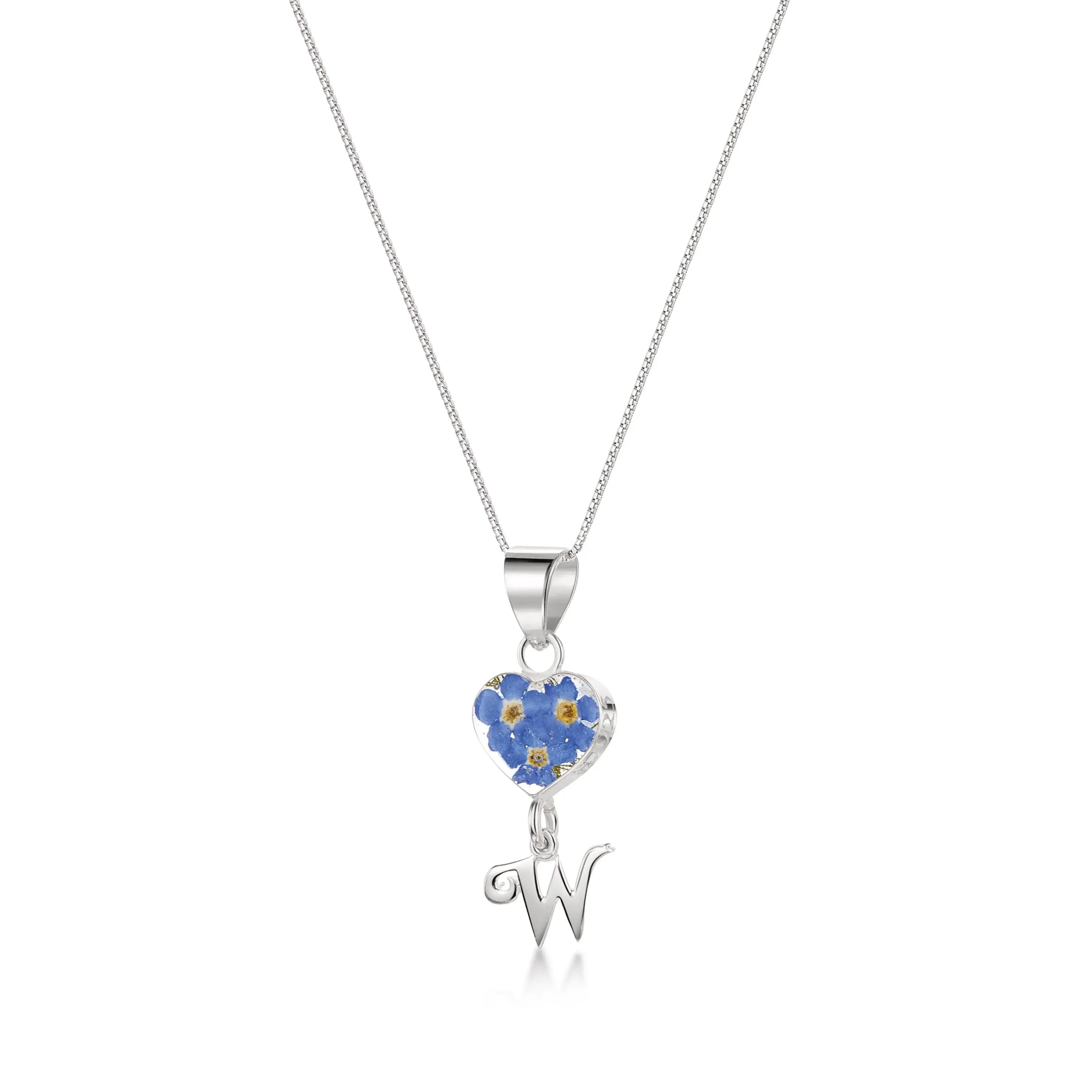 Handmade Sterling Silver Forget-Me-Not Pendant Necklaces with Initial Charm & forget me nots