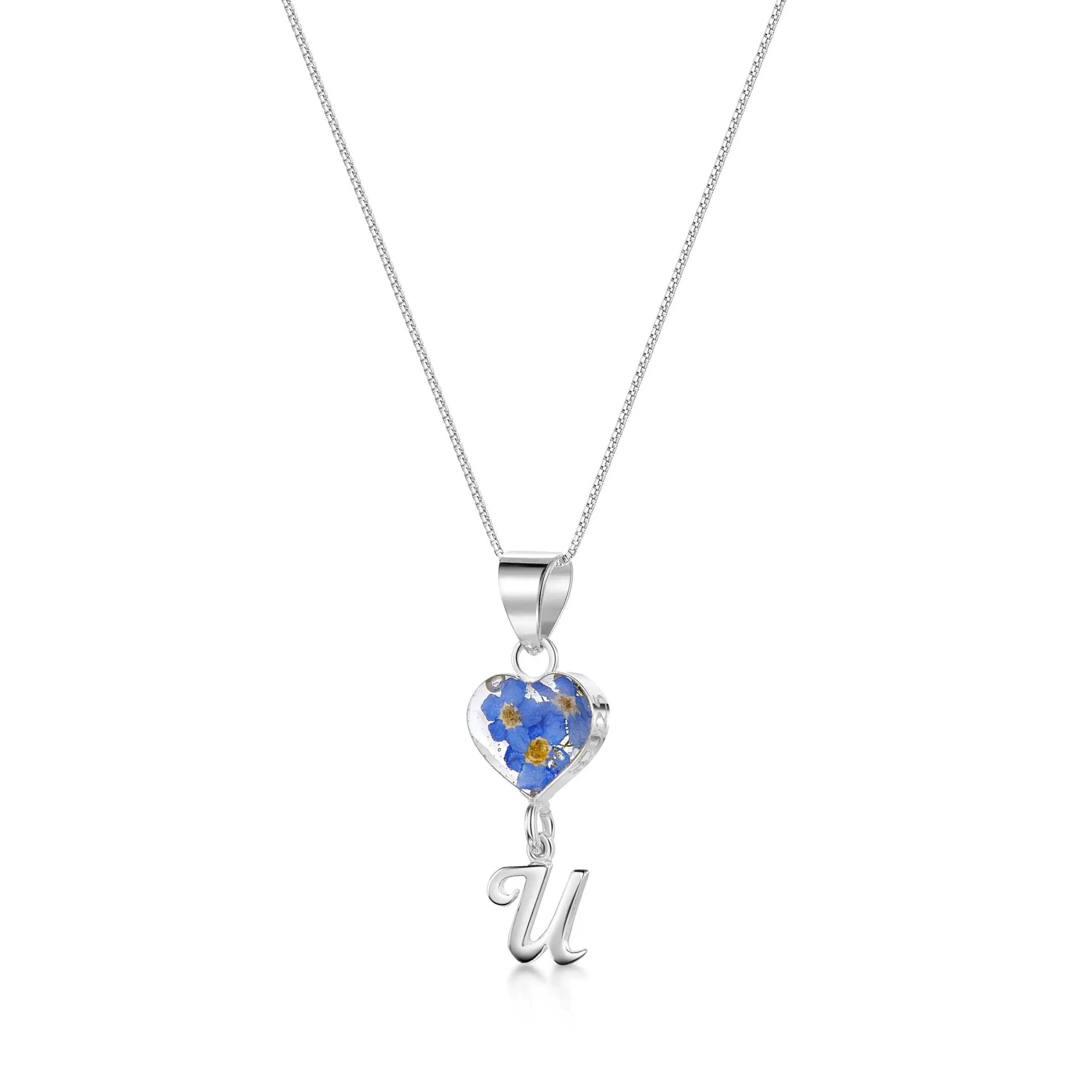 Handmade Sterling Silver Forget-Me-Not Pendant Necklaces with Initial Charm & forget me nots