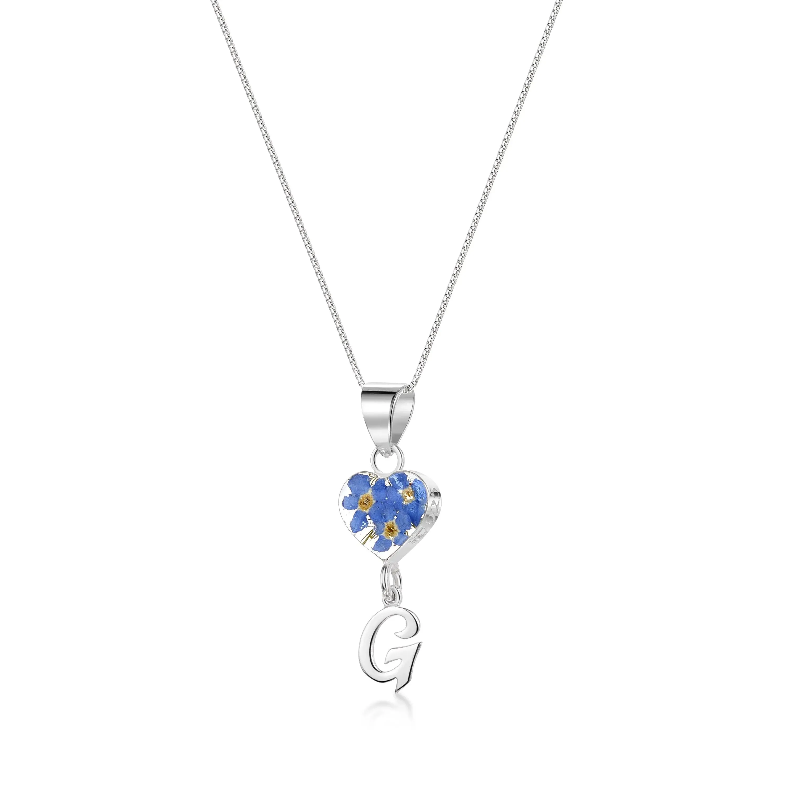 Handmade Sterling Silver Forget-Me-Not Pendant Necklaces with Initial Charm & forget me nots