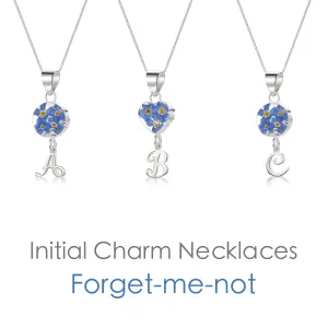 Handmade Sterling Silver Forget-Me-Not Pendant Necklaces with Initial Charm & forget me nots