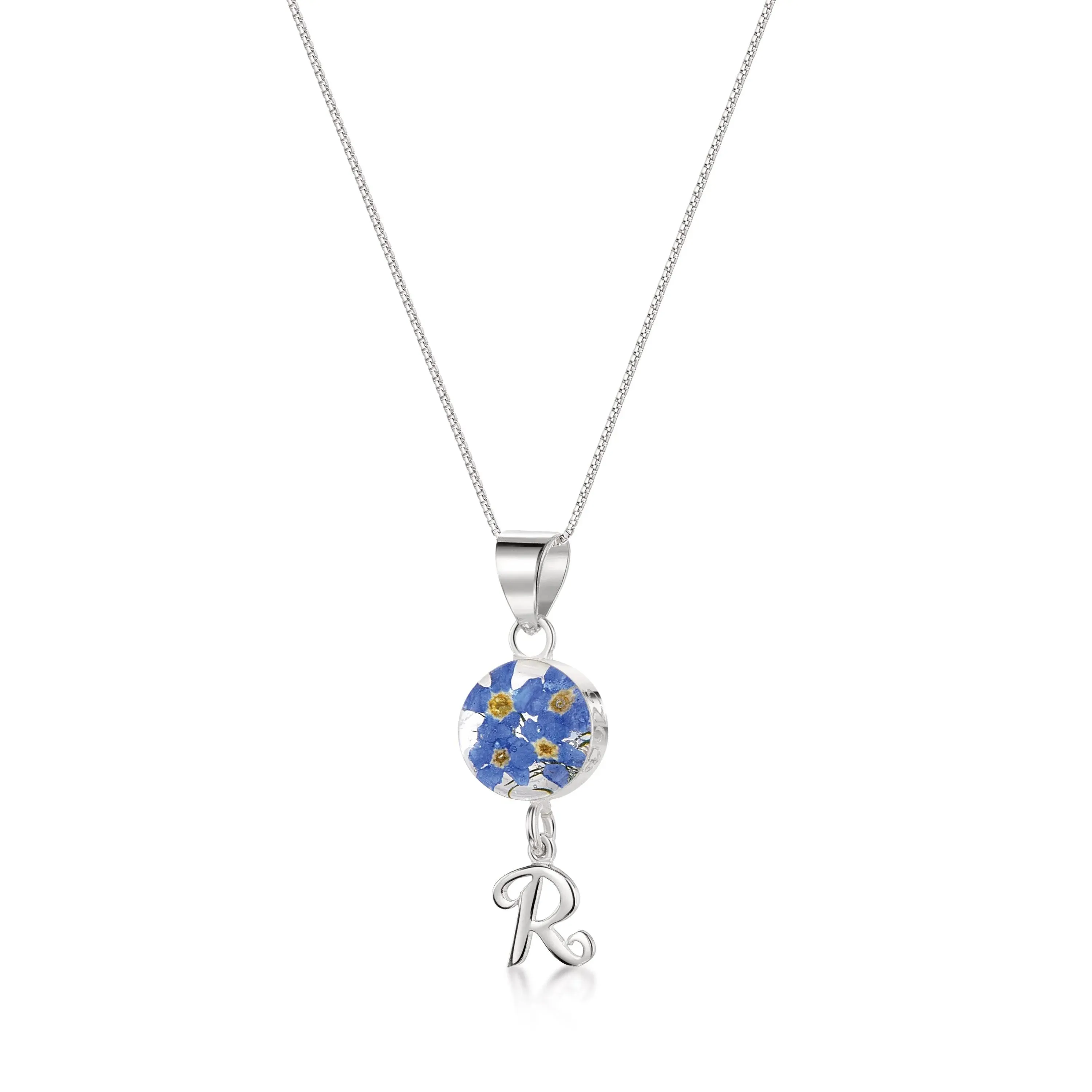 Handmade Sterling Silver Forget-Me-Not Pendant Necklaces with Initial Charm & forget me nots