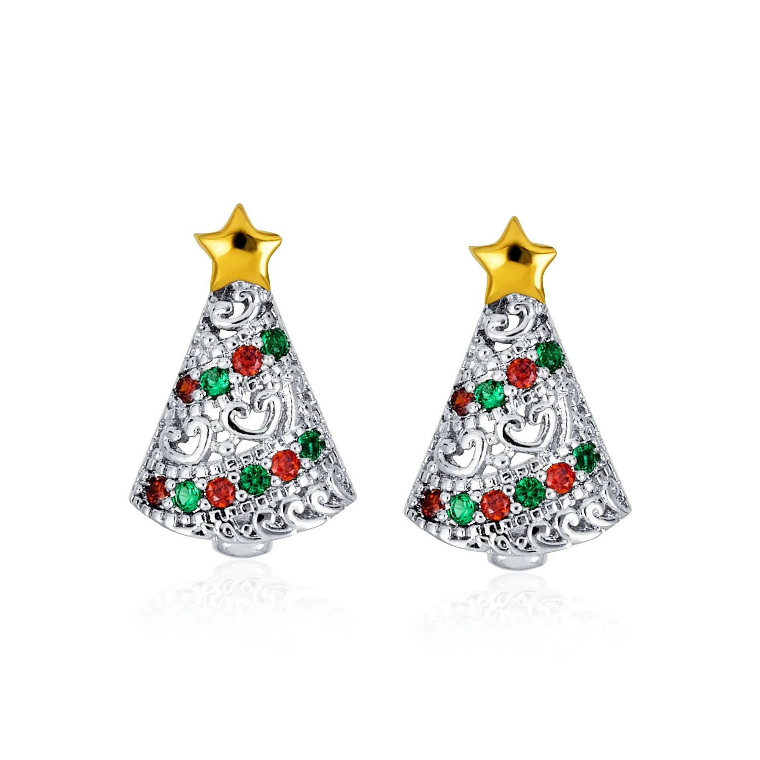 Holiday Star CZ Stud Earrings: Red & Green Sparkly Christmas Tree Design