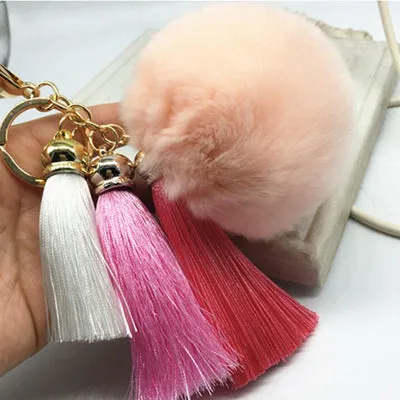 Hot sale Tassel Pompom Car Key Ring Pendant Fur Ball Keychain Rabbit  Fur Plush Fur Key Chian POM POM Keychain EH-404