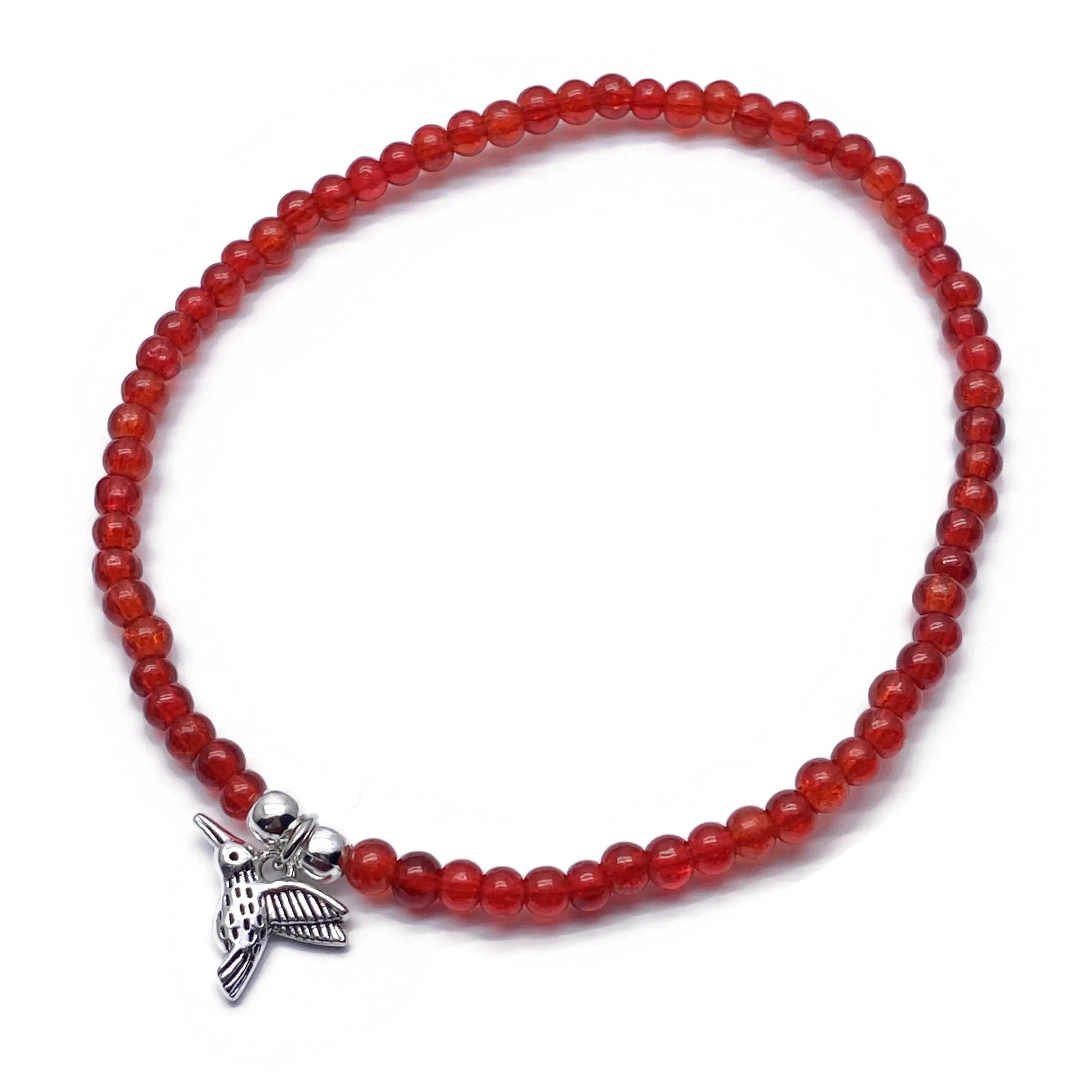 Hummingbird Charm Red Crackle Glass Bead Anklet