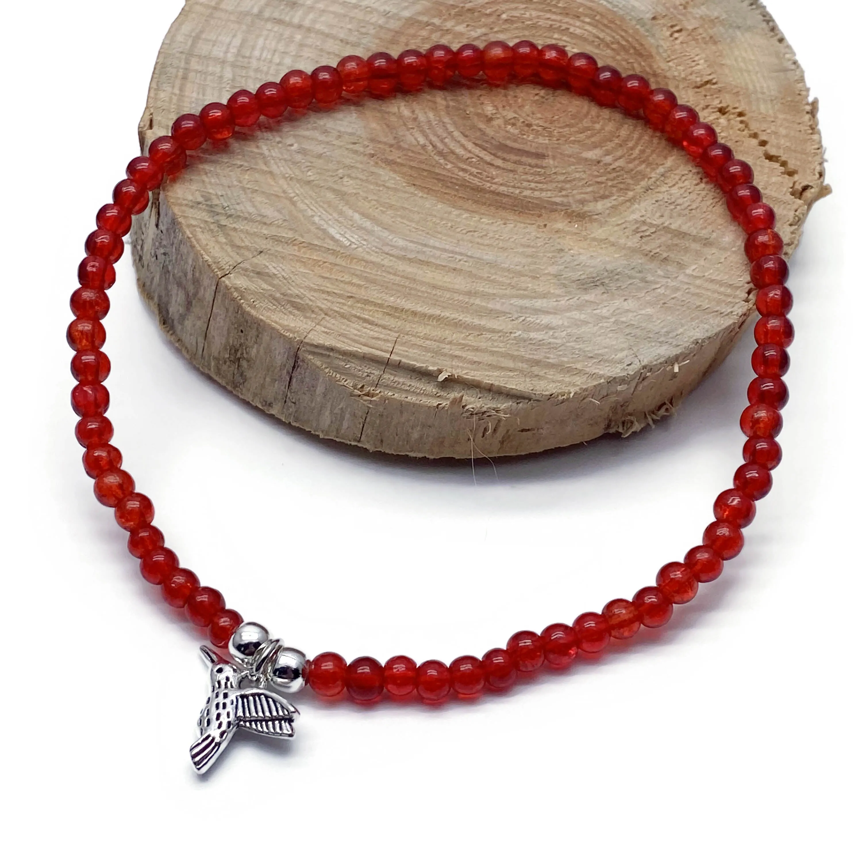 Hummingbird Charm Red Crackle Glass Bead Anklet