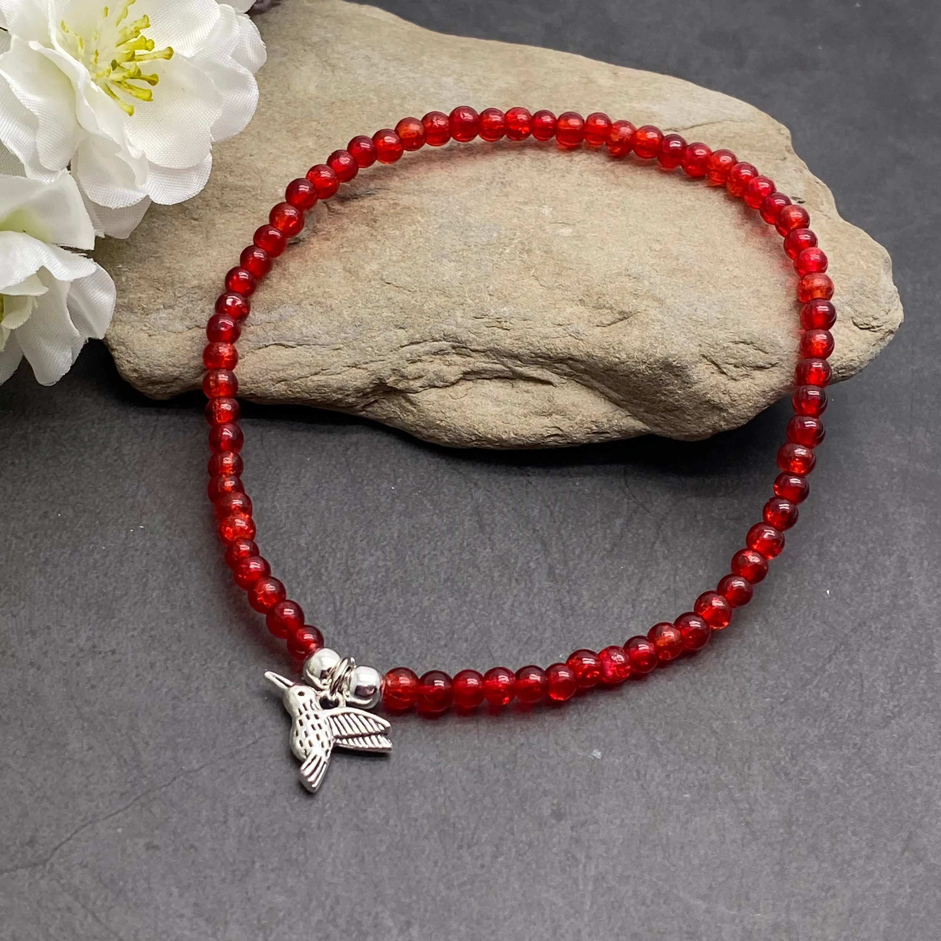 Hummingbird Charm Red Crackle Glass Bead Anklet