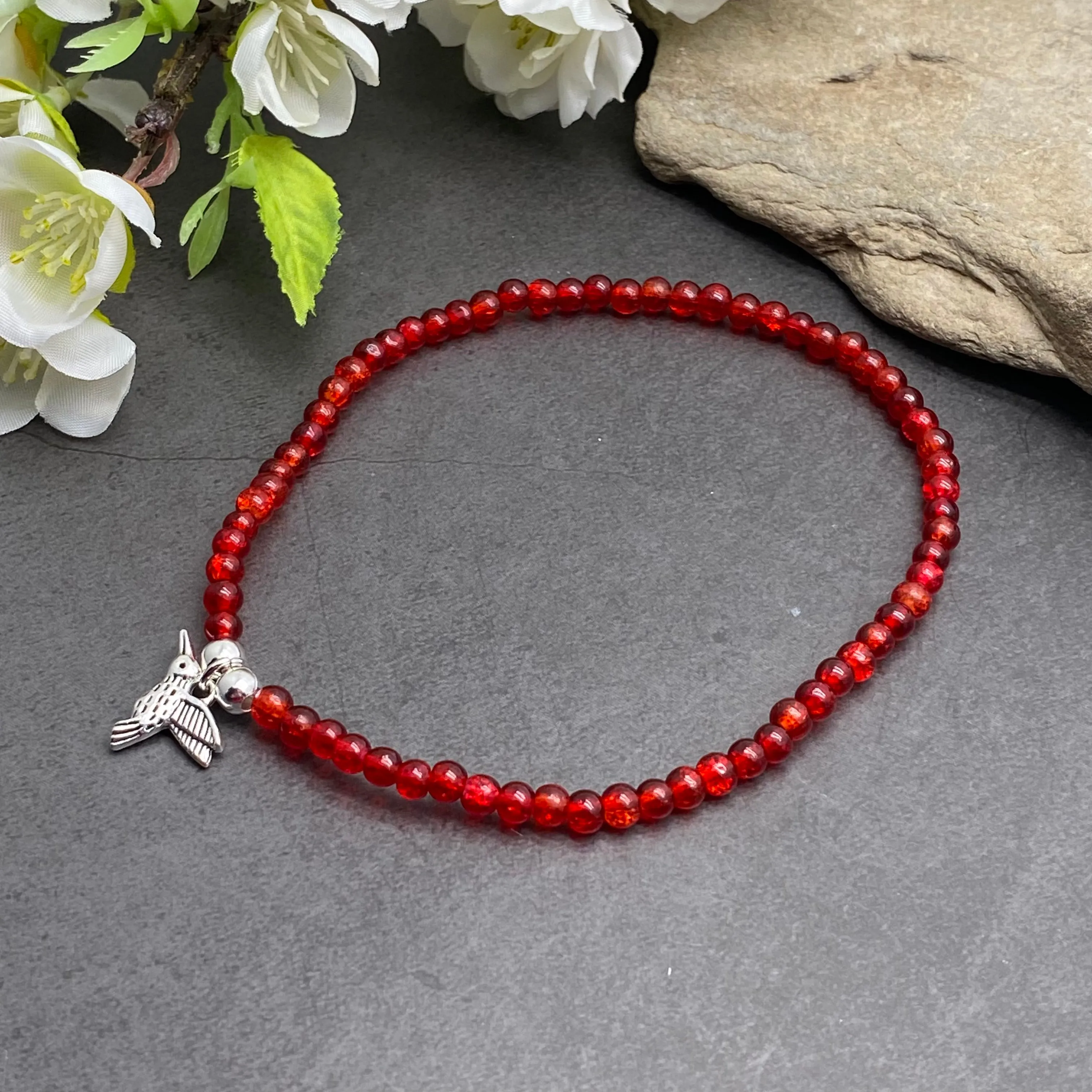 Hummingbird Charm Red Crackle Glass Bead Anklet