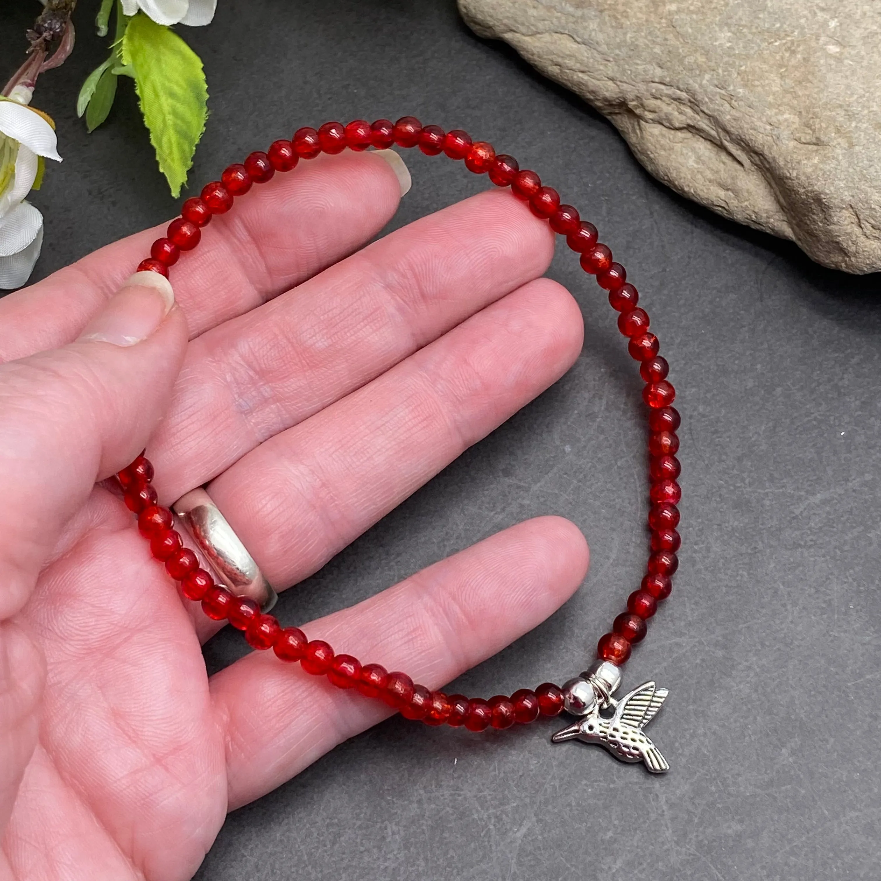 Hummingbird Charm Red Crackle Glass Bead Anklet