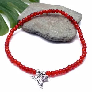 Hummingbird Charm Red Crackle Glass Bead Anklet