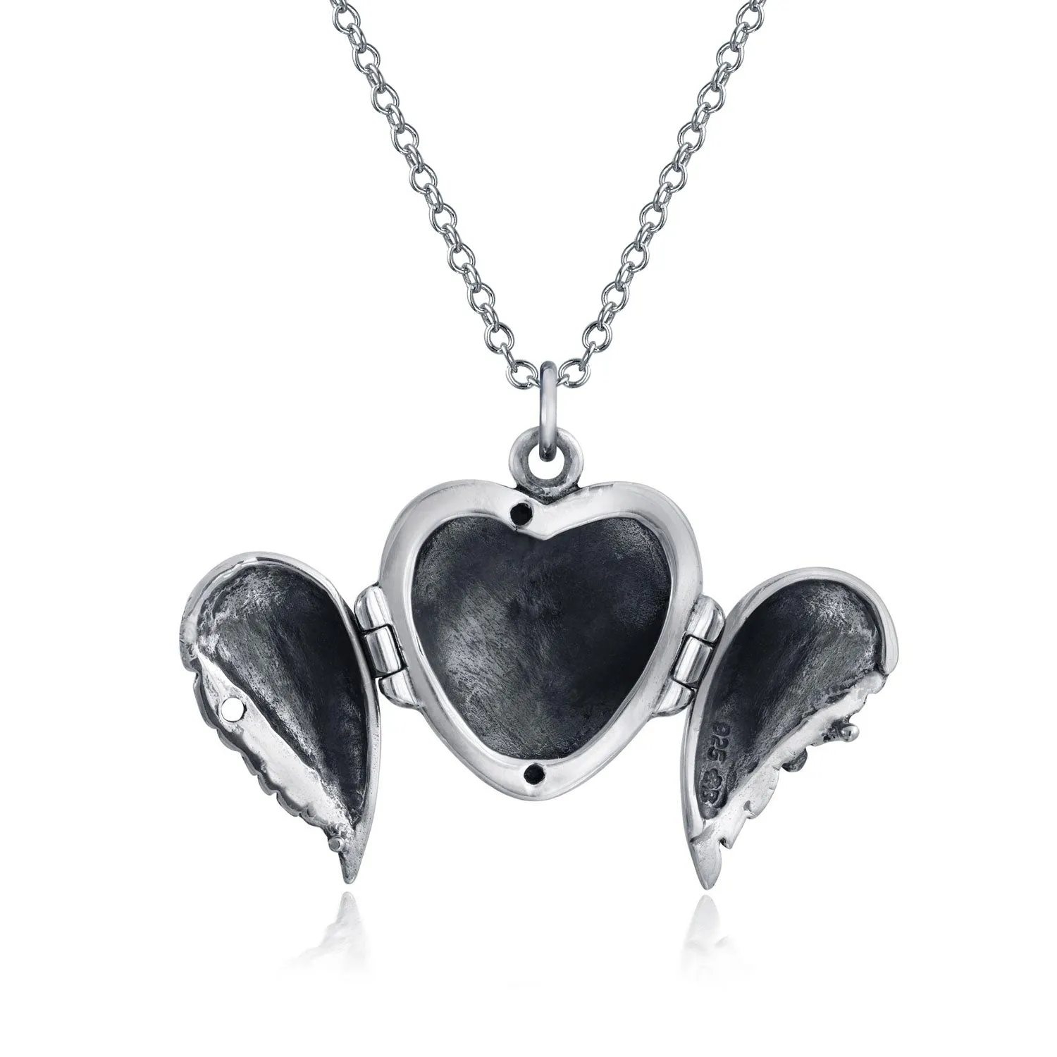 Jewelry Set Heart Amulet Angel Wings Locket Necklace & Earrings in Silver