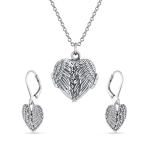 Jewelry Set Heart Amulet Angel Wings Locket Necklace & Earrings in Silver