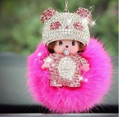 KIKI fur ball pompom plated keychain crystal Monchichi Key Chain Real rabbit Fur Pom pom Women Handbag car charm Pendant