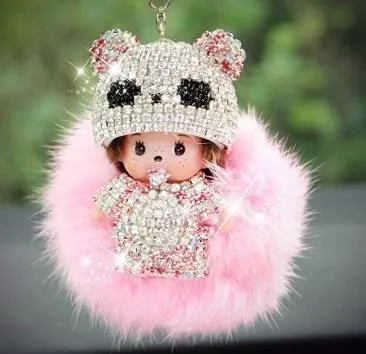 KIKI fur ball pompom plated keychain crystal Monchichi Key Chain Real rabbit Fur Pom pom Women Handbag car charm Pendant