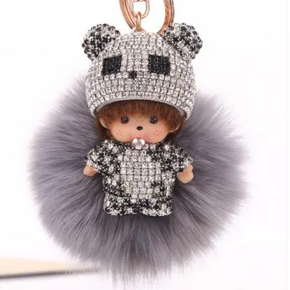 KIKI fur ball pompom plated keychain crystal Monchichi Key Chain Real rabbit Fur Pom pom Women Handbag car charm Pendant