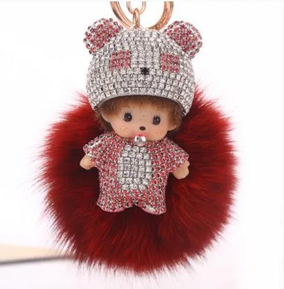 KIKI fur ball pompom plated keychain crystal Monchichi Key Chain Real rabbit Fur Pom pom Women Handbag car charm Pendant