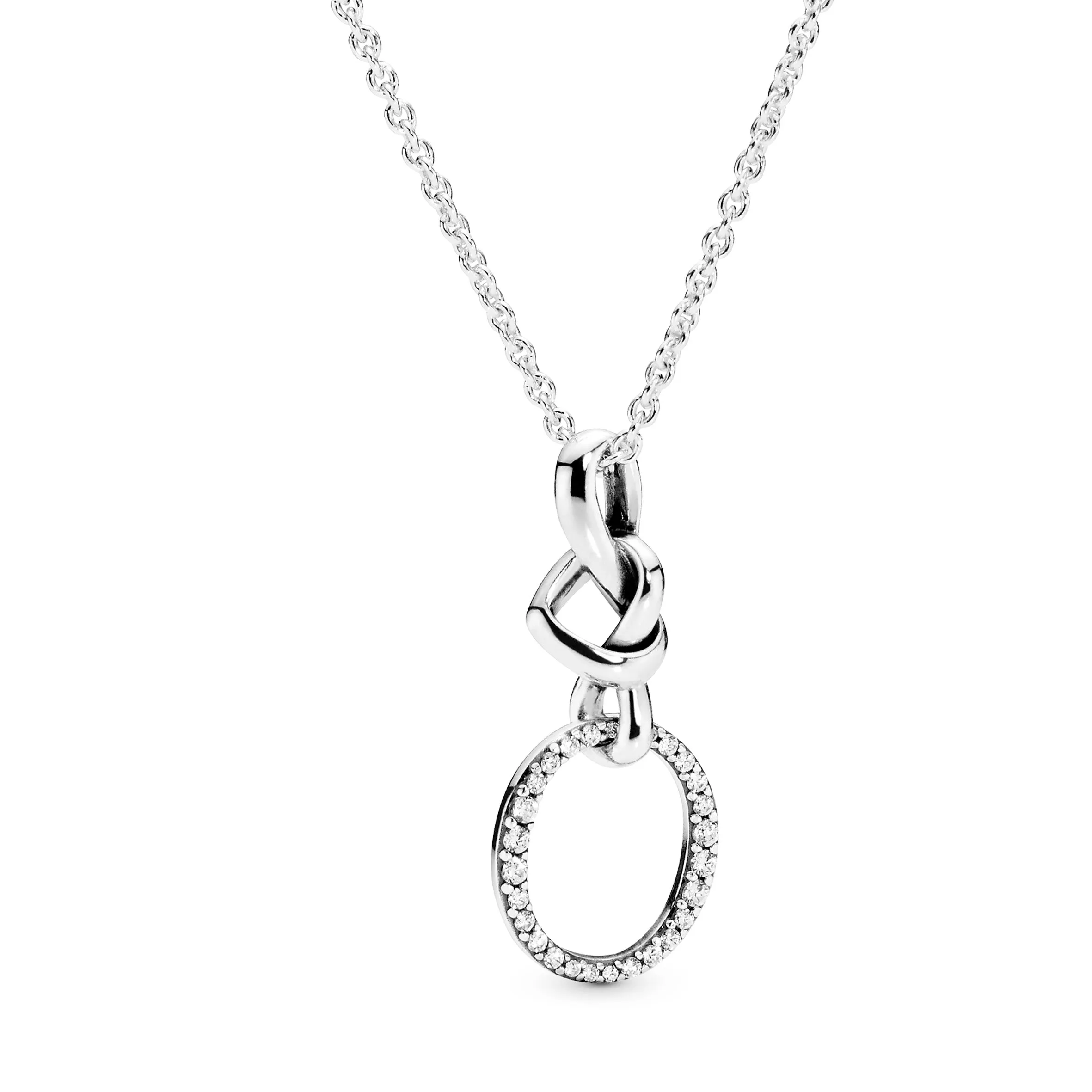 Knotted hearts silver pendant with clear cubic zirconia and necklace