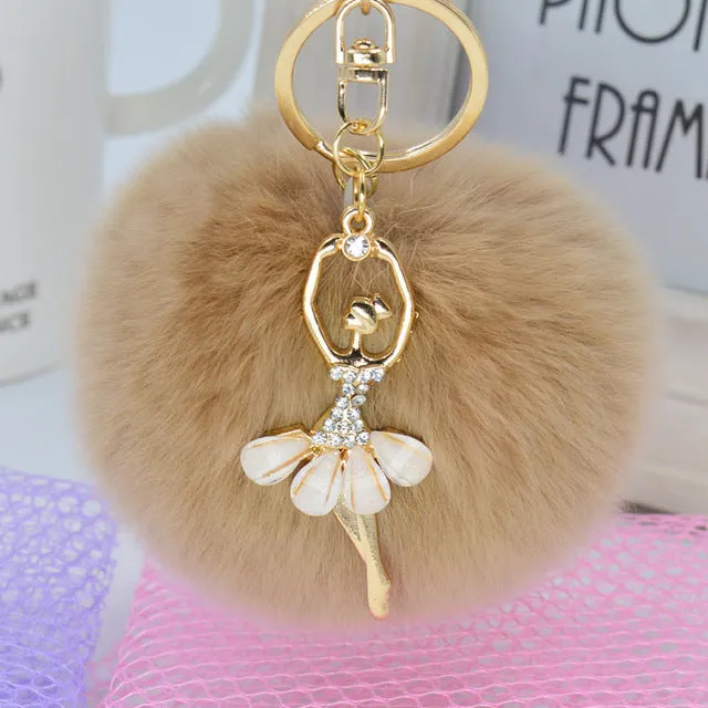 LNRRABC Fashion Women Rabbit Fur Cony Hair Dancing Angel Rhinestone Ball Pom Pom Charm Car Keychain Handbag Key Ring Pendant