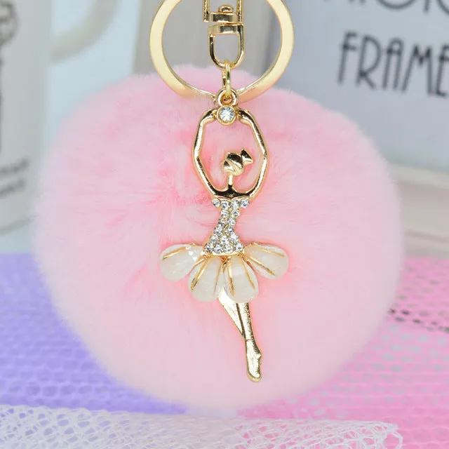 LNRRABC Fashion Women Rabbit Fur Cony Hair Dancing Angel Rhinestone Ball Pom Pom Charm Car Keychain Handbag Key Ring Pendant