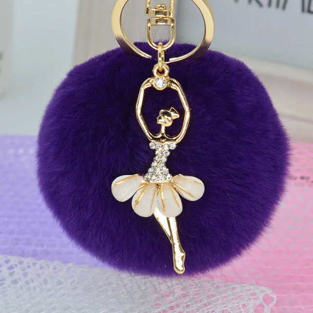 LNRRABC Fashion Women Rabbit Fur Cony Hair Dancing Angel Rhinestone Ball Pom Pom Charm Car Keychain Handbag Key Ring Pendant