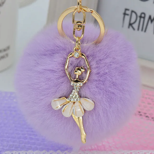 LNRRABC Fashion Women Rabbit Fur Cony Hair Dancing Angel Rhinestone Ball Pom Pom Charm Car Keychain Handbag Key Ring Pendant