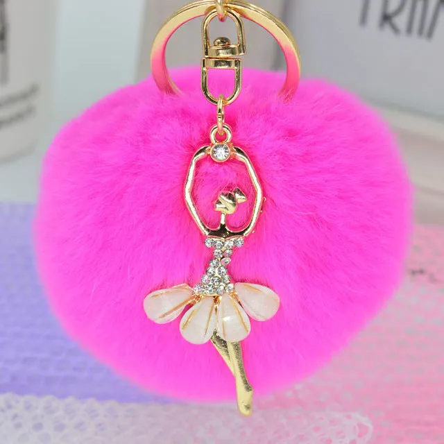 LNRRABC Fashion Women Rabbit Fur Cony Hair Dancing Angel Rhinestone Ball Pom Pom Charm Car Keychain Handbag Key Ring Pendant