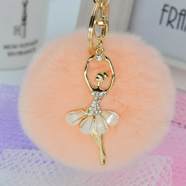 LNRRABC Fashion Women Rabbit Fur Cony Hair Dancing Angel Rhinestone Ball Pom Pom Charm Car Keychain Handbag Key Ring Pendant