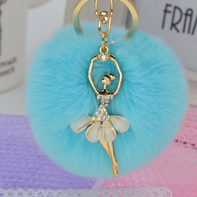 LNRRABC Fashion Women Rabbit Fur Cony Hair Dancing Angel Rhinestone Ball Pom Pom Charm Car Keychain Handbag Key Ring Pendant