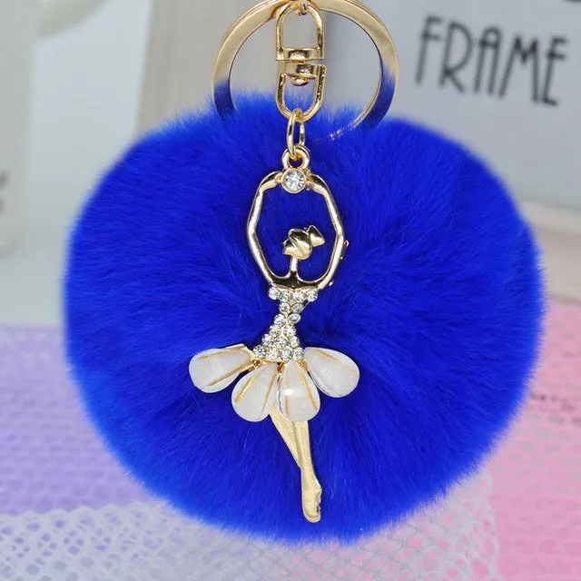 LNRRABC Fashion Women Rabbit Fur Cony Hair Dancing Angel Rhinestone Ball Pom Pom Charm Car Keychain Handbag Key Ring Pendant