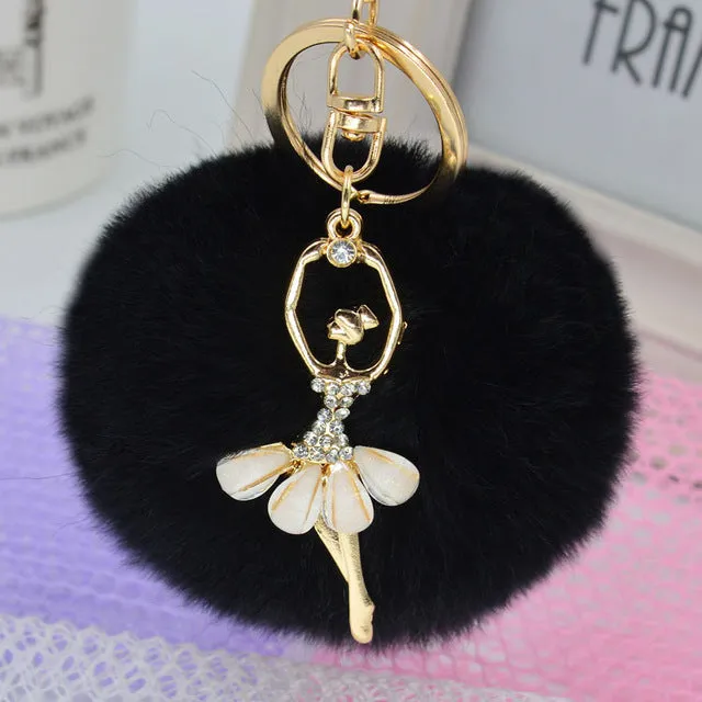 LNRRABC Fashion Women Rabbit Fur Cony Hair Dancing Angel Rhinestone Ball Pom Pom Charm Car Keychain Handbag Key Ring Pendant