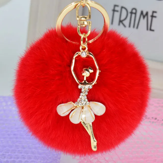 LNRRABC Fashion Women Rabbit Fur Cony Hair Dancing Angel Rhinestone Ball Pom Pom Charm Car Keychain Handbag Key Ring Pendant