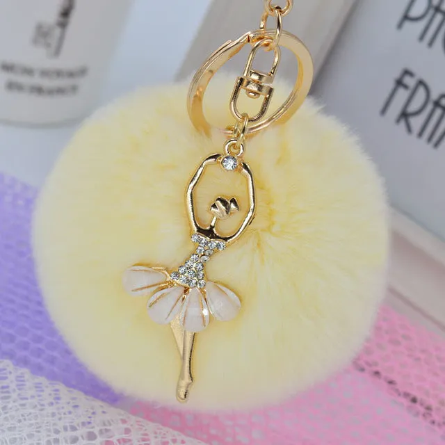 LNRRABC Fashion Women Rabbit Fur Cony Hair Dancing Angel Rhinestone Ball Pom Pom Charm Car Keychain Handbag Key Ring Pendant