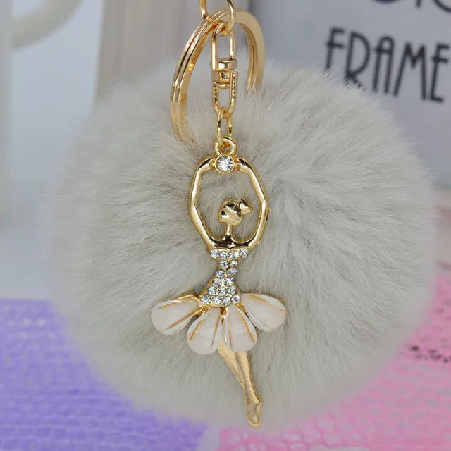 LNRRABC Fashion Women Rabbit Fur Cony Hair Dancing Angel Rhinestone Ball Pom Pom Charm Car Keychain Handbag Key Ring Pendant