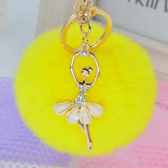 LNRRABC Fashion Women Rabbit Fur Cony Hair Dancing Angel Rhinestone Ball Pom Pom Charm Car Keychain Handbag Key Ring Pendant