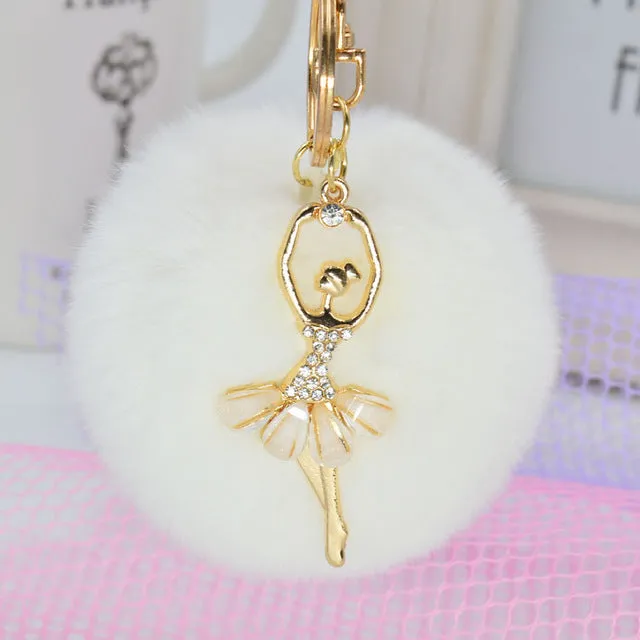 LNRRABC Fashion Women Rabbit Fur Cony Hair Dancing Angel Rhinestone Ball Pom Pom Charm Car Keychain Handbag Key Ring Pendant