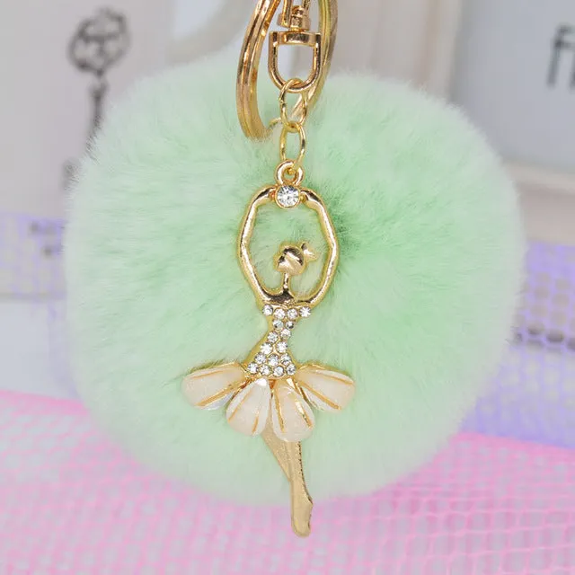 LNRRABC Fashion Women Rabbit Fur Cony Hair Dancing Angel Rhinestone Ball Pom Pom Charm Car Keychain Handbag Key Ring Pendant