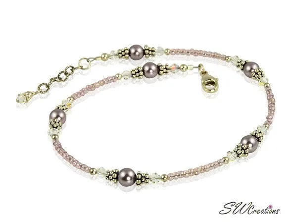 Mauve Crystal Pearl Beaded Anklet