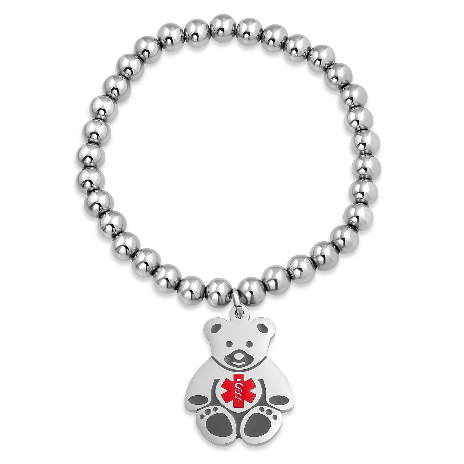 Medical ID Bracelet with Teddy Bear Charm and Silver Tone Beads