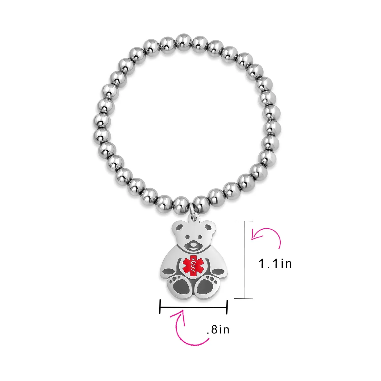 Medical ID Bracelet with Teddy Bear Charm and Silver Tone Beads