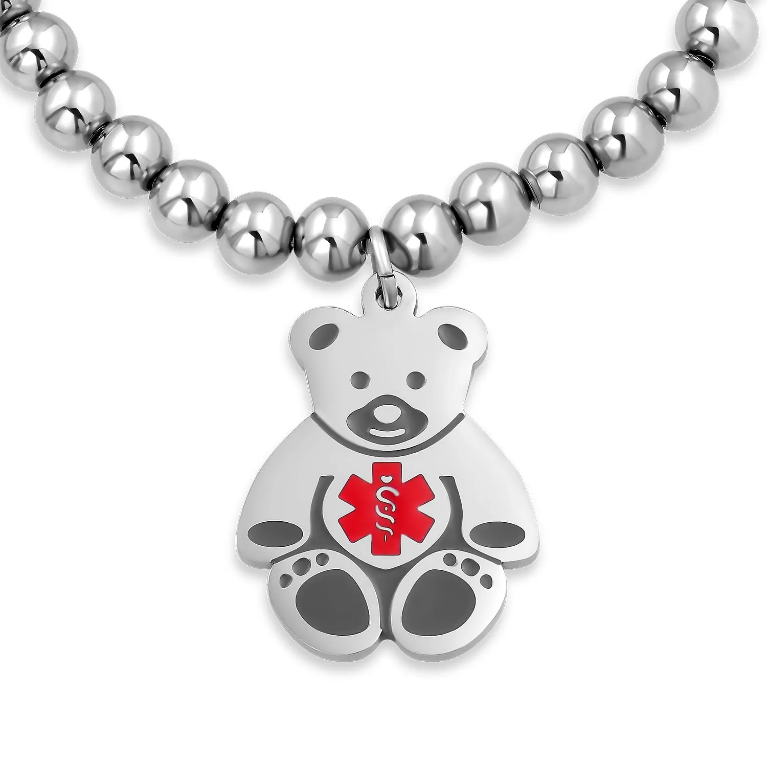 Medical ID Bracelet with Teddy Bear Charm and Silver Tone Beads