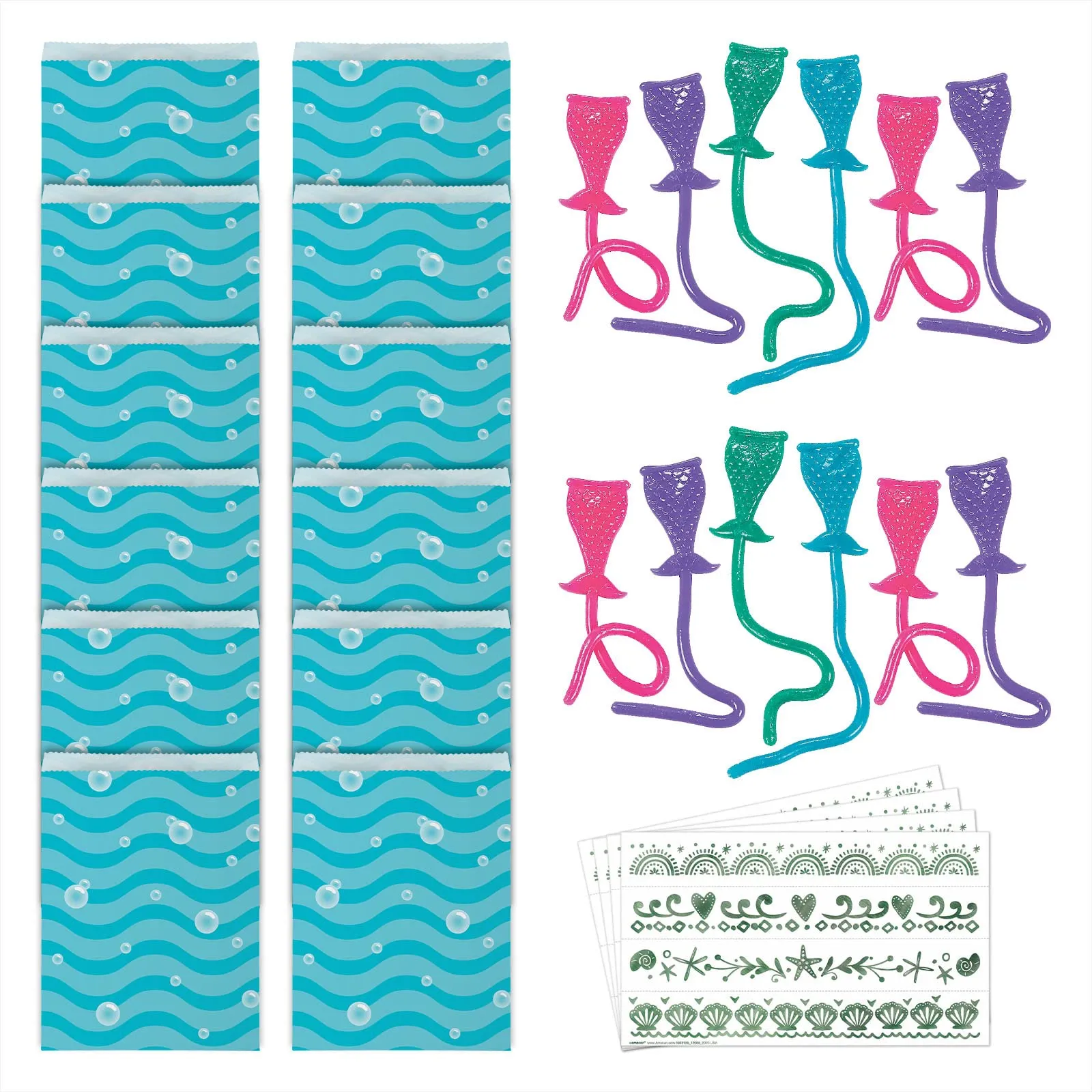 Mermaid Party Favors - Ocean Treat Bags, Metallic Tattoo Bracelets, and Sticky Stretchy Mermaid Tails for 12 Guests