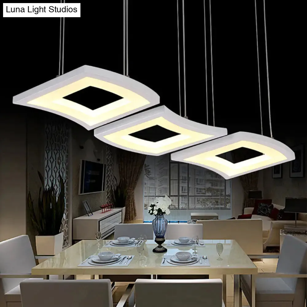 Minimalist Acrylic Curve Pendant Lighting: 3-Light LED Square Ceiling Lamp in Warm/White Light