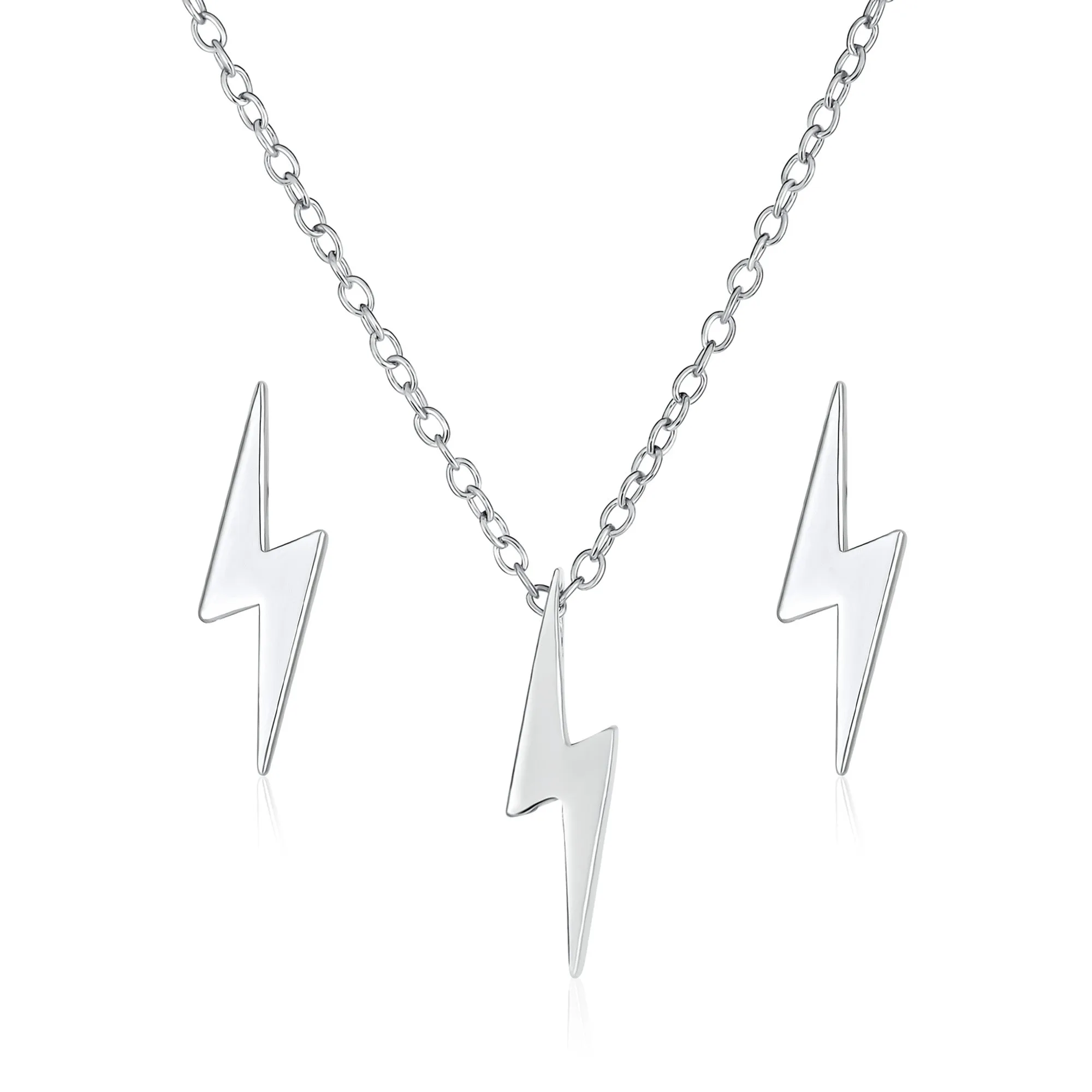 Minimalist Lightning Bolt Pendant Necklace & Stud Earring Set in Sterling Silver