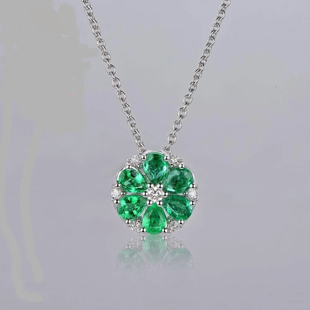 Natural 1.42CT Emerald H SI Diamond Engagement 14k White Gold Pendant Chain