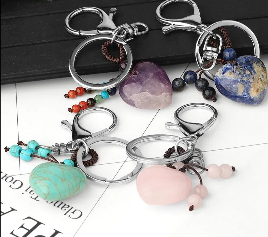 Natural Crystal Keychains 7 Chakra Healing Stone Pink Quartz Tiger Eye Keyring Silver Color Car Key Holder