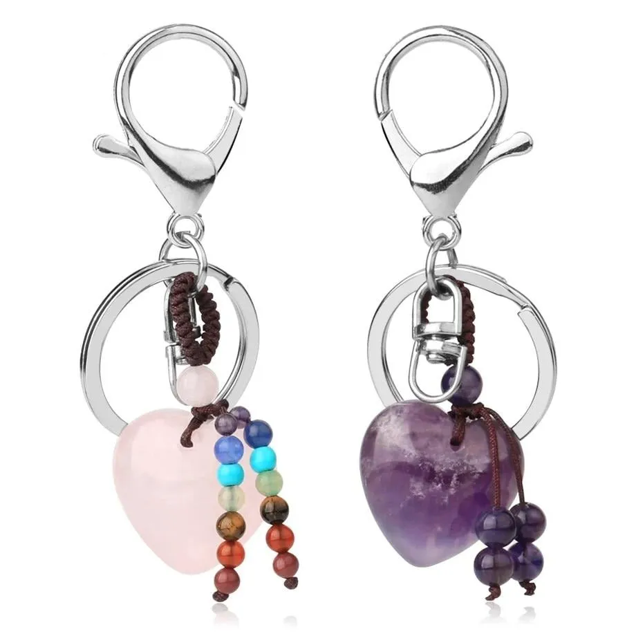 Natural Crystal Keychains 7 Chakra Healing Stone Pink Quartz Tiger Eye Keyring Silver Color Car Key Holder