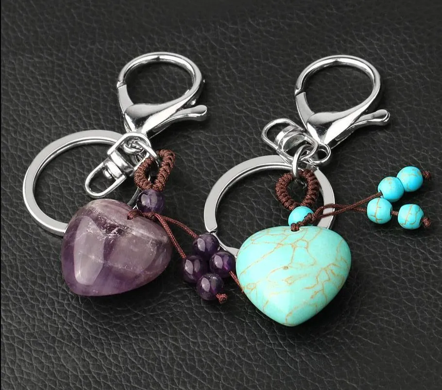 Natural Crystal Keychains 7 Chakra Healing Stone Pink Quartz Tiger Eye Keyring Silver Color Car Key Holder